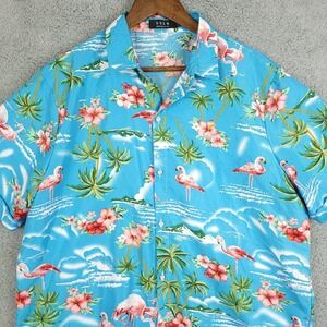 SSLR Shirt Mens XL Blue Pink Flamingos and Palms Short‎ Sleeve Casual Hawaiian